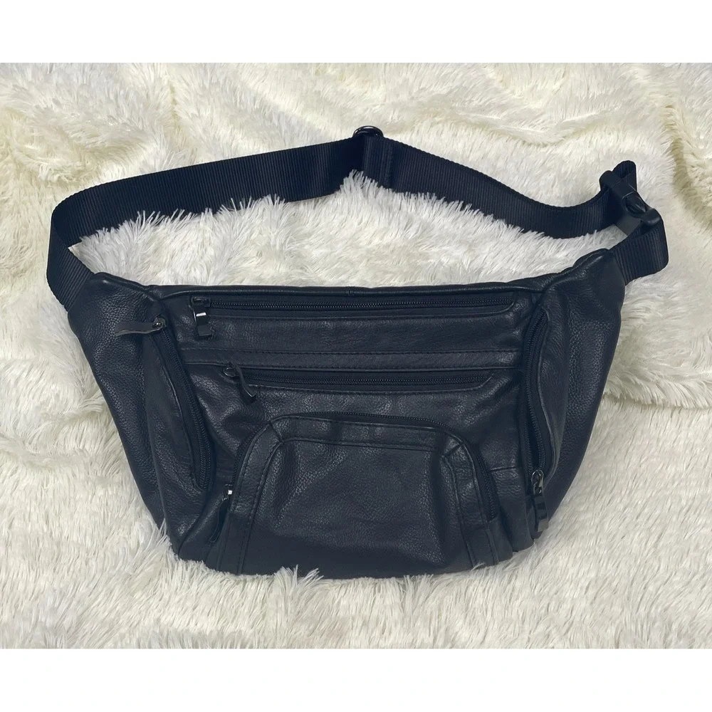 Hammacher Schlemmer Genuine Leather Black Waist Bag Fanny Pack Travel Bag